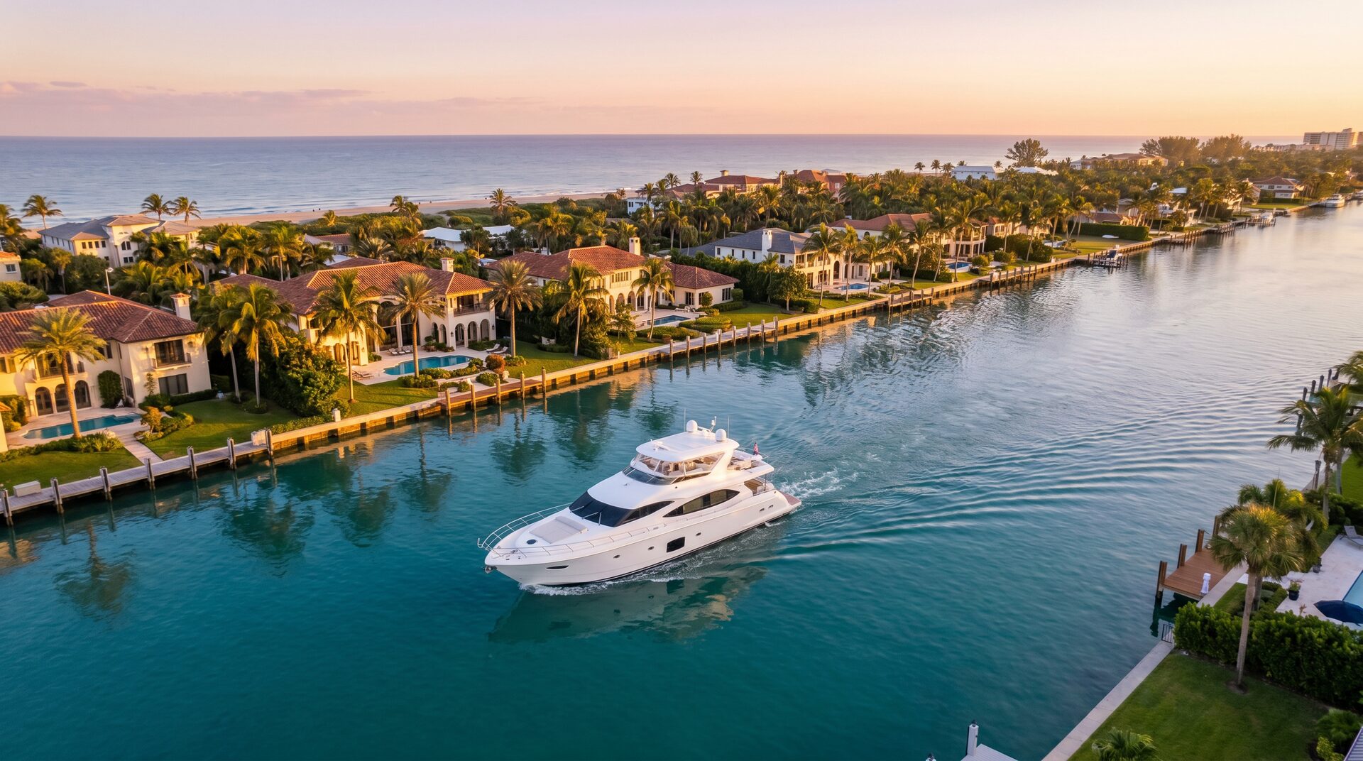 South Florida yacht aerial at sunset