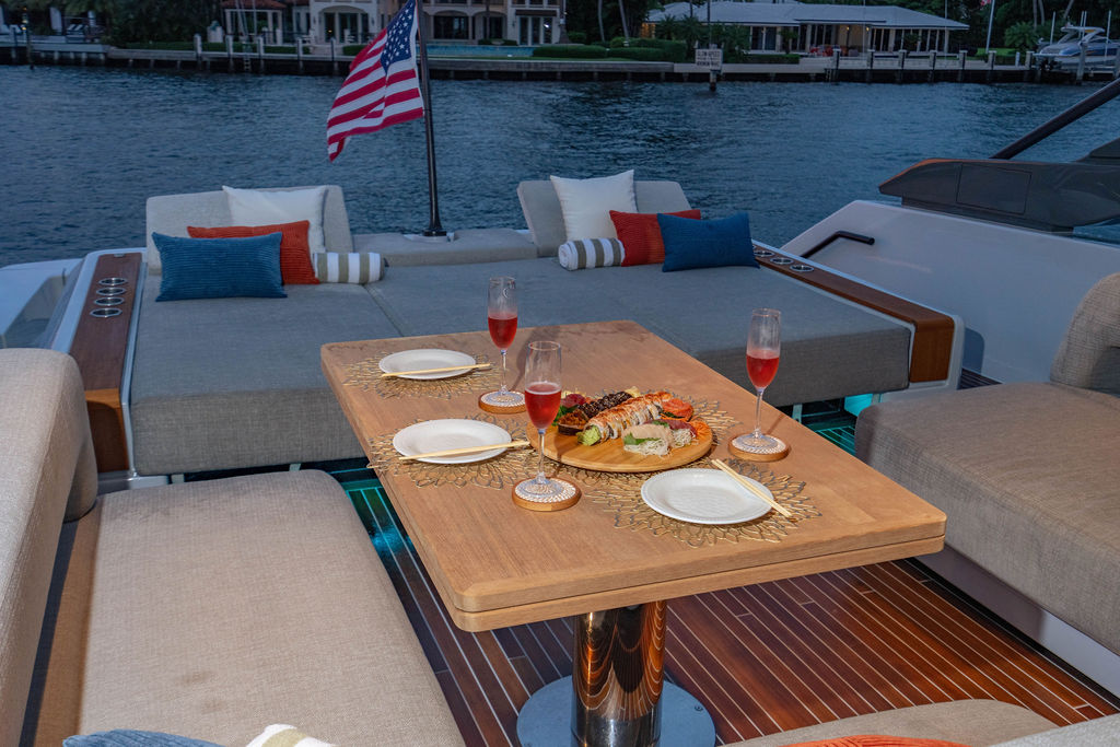 2023 Bluegame BG72 Snack Money - Aft Deck, Table Set for Dinner